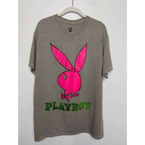 Playboy Large Graphic T-Shirt Gray Pink Oversized Crewneck Short Sleeve NWOT - Picture 1 of 9